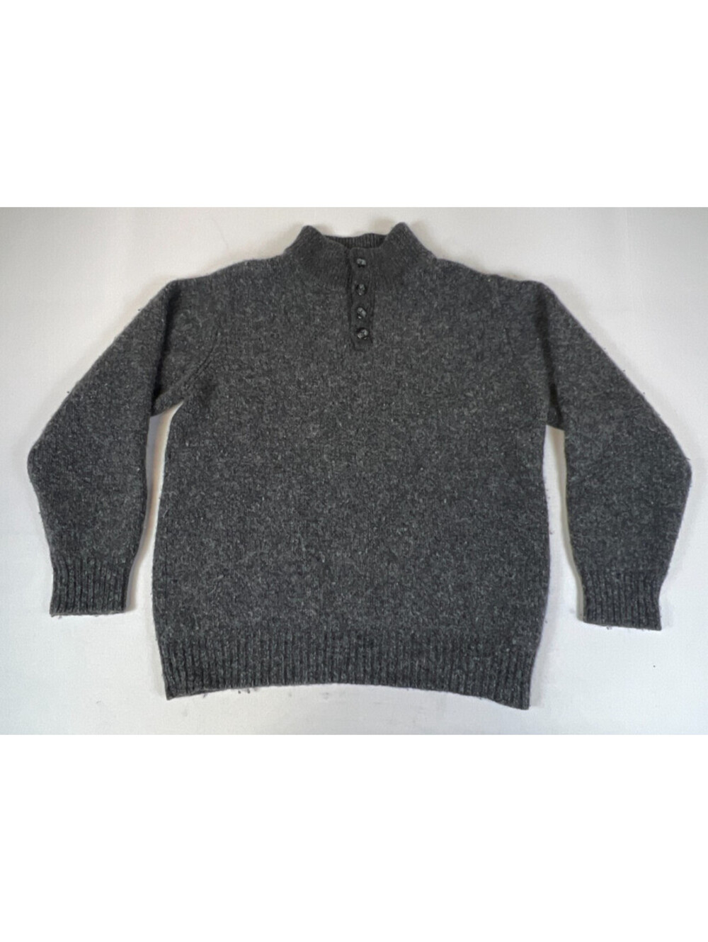 L.L. Bean Mens L Grey 100% Lambswool Mock Neck Button Placket Pullover Sweater